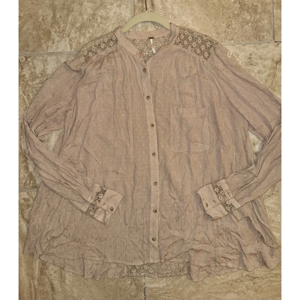 Free People Beige Long Flowy Boho Button Down Top w/Lace Back‎ Size M
